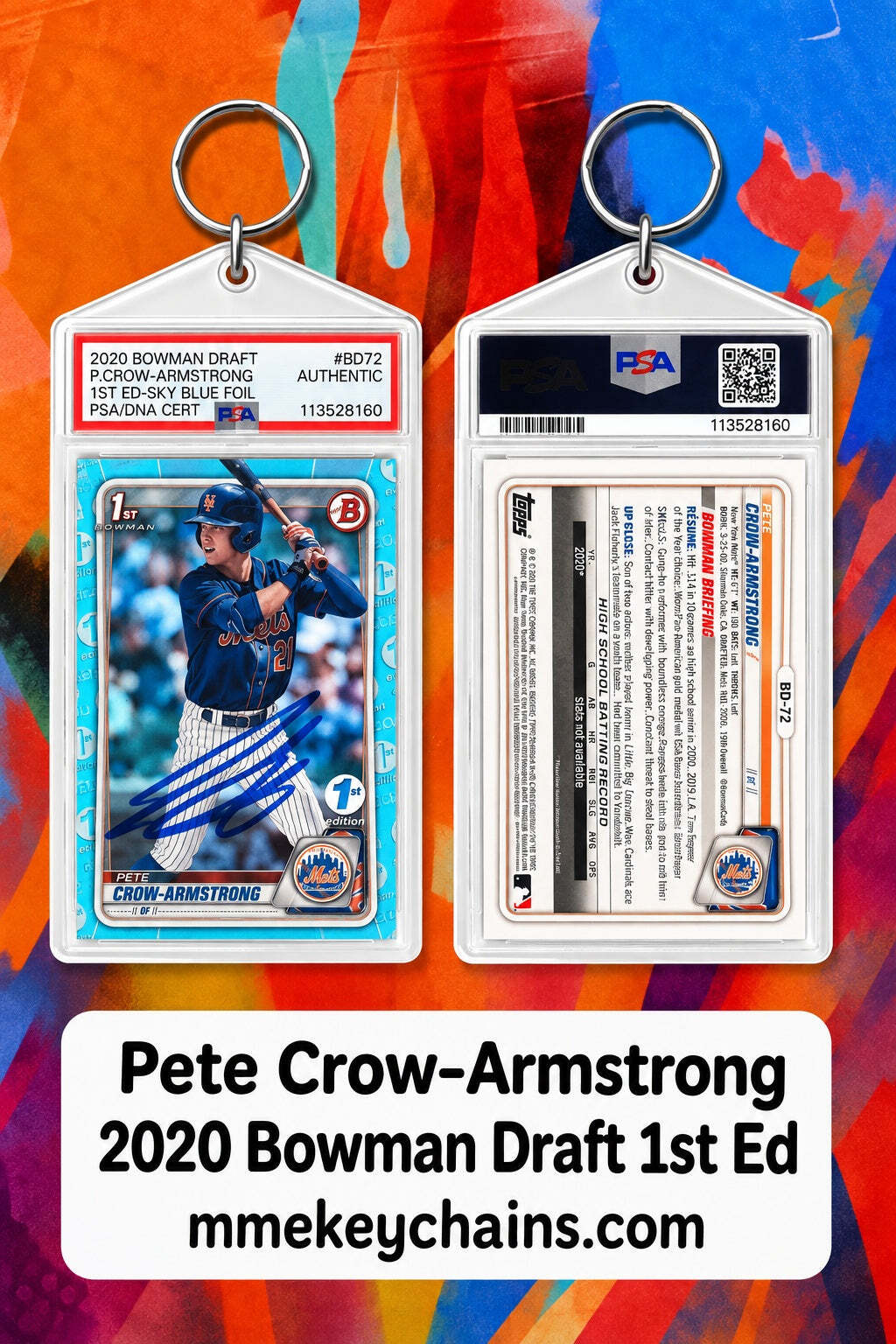 9999 Pete Crow-Armstrong 2020 Draft 1st Edition Blue Foil Auto Custom Keychain
