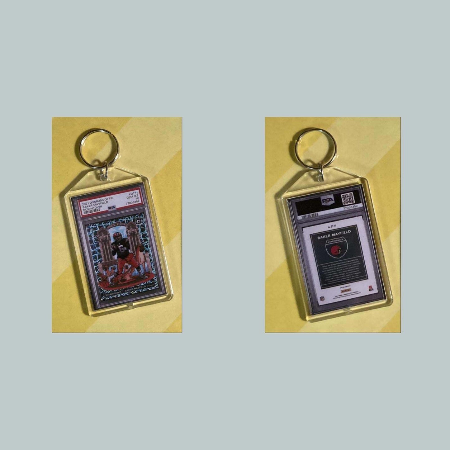3781 Baker Mayfield 2021 Panini Donruss Optic Downtown Custom Hand Made Keychain FBL