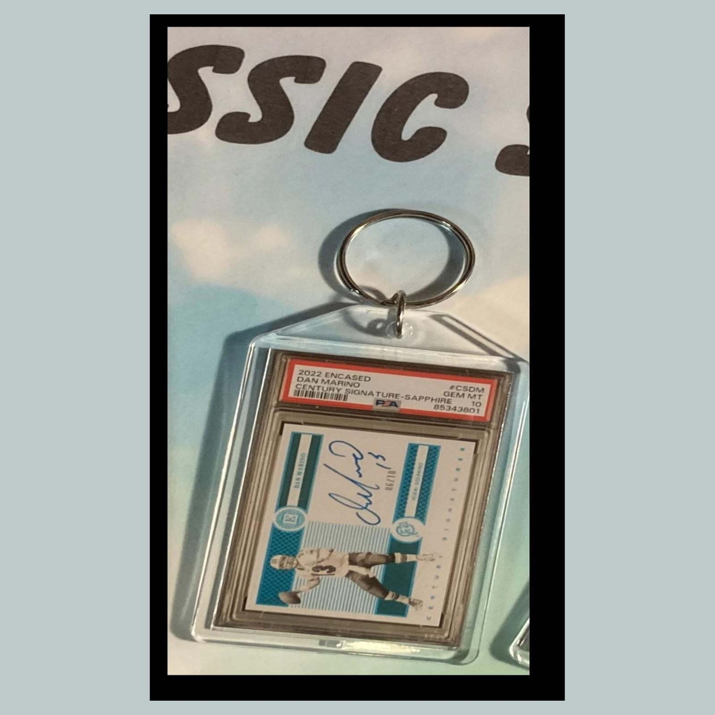 3475 Dan Marino 2022 Panini Sapphire Encased Century Auto Custom Made Keychain FBL