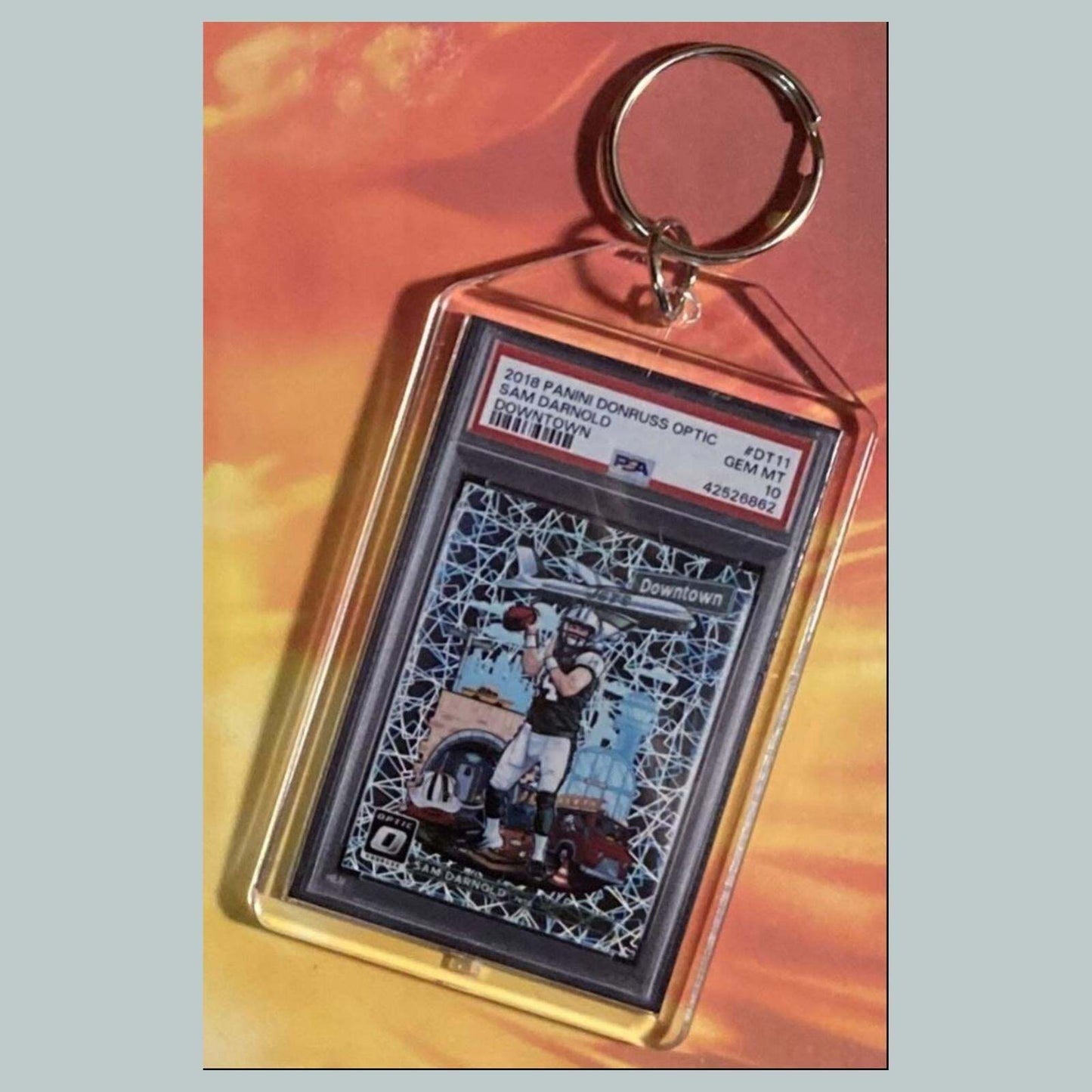 3776 Sam Darnold 2018 Panini Donruss Optic Downtown Hand Made Keychain FBL