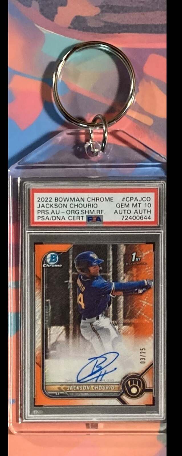 3079 Jackson Chourio 2022 Bowman Chrome Orange Auto  - Custom Keychain - Gift BBL KYC