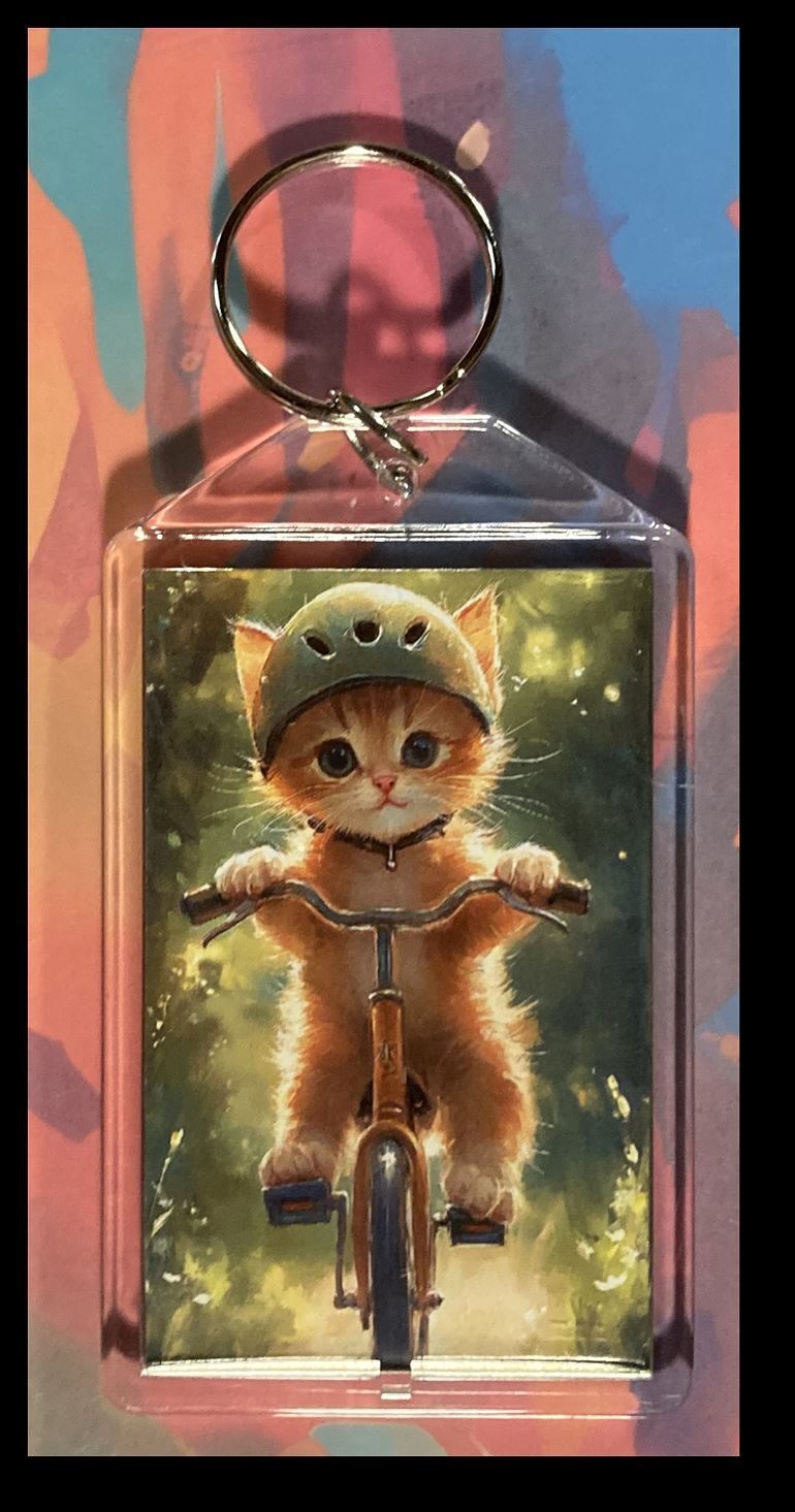 3291 Kitty Riding Bike -Custom Hand Made Keychain - Makes A Great Gift KYC MSC