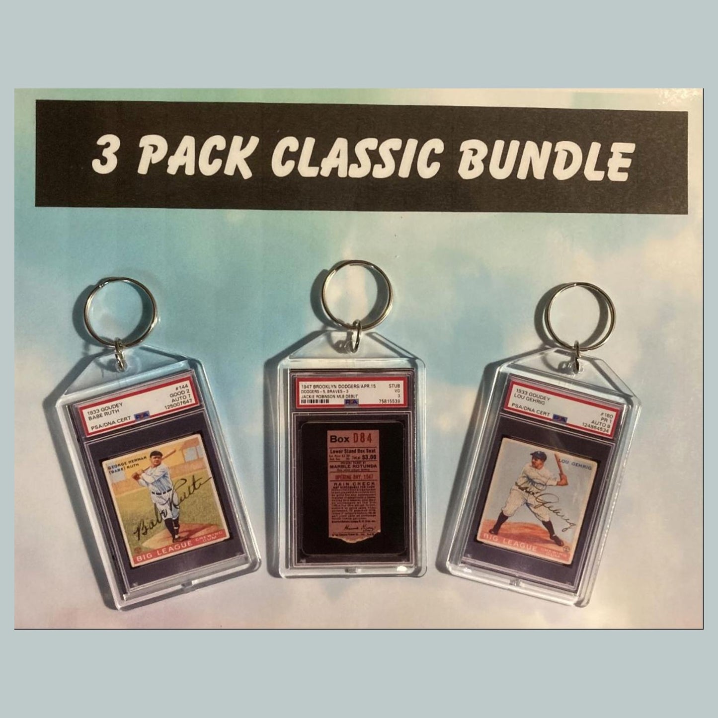 0675B Babe Ruth-Jackie Robinson-Lou Gehtig 3 Pack Custom Hand Made Keychains