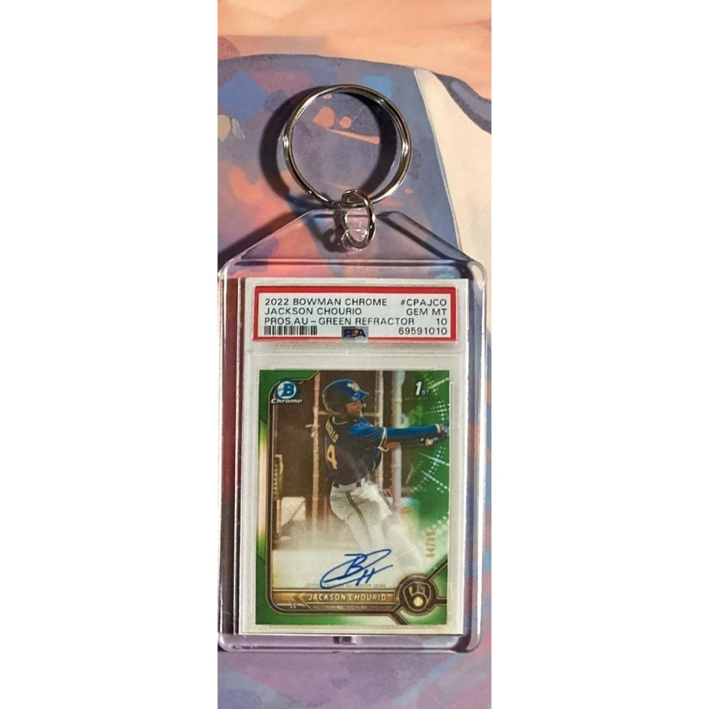 0126 Jackson Chourio 2022 Bowman Chrome Green Auto Refractor Novelty Keychain