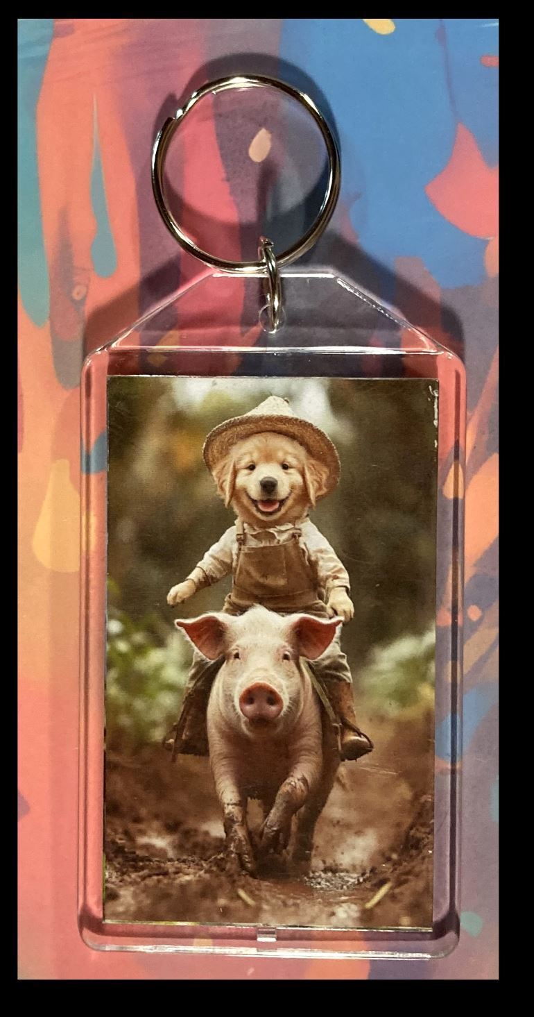 3309 Puppy Riding a Pig Custom Hand Made Keychain - Makes A Great Gift KYC MSC