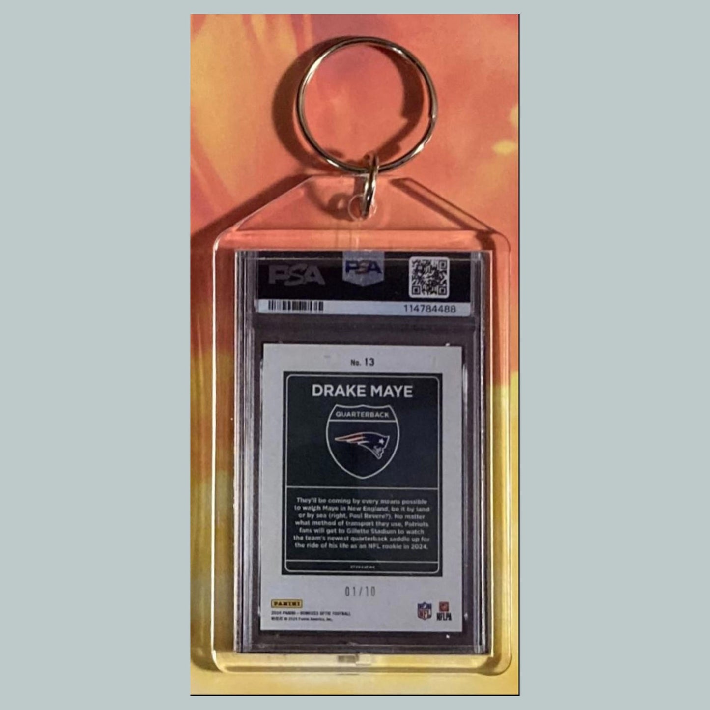 0758 Drake Maye 2024 Donruss Optic Gold Downtown Custom Hand Made Keychain