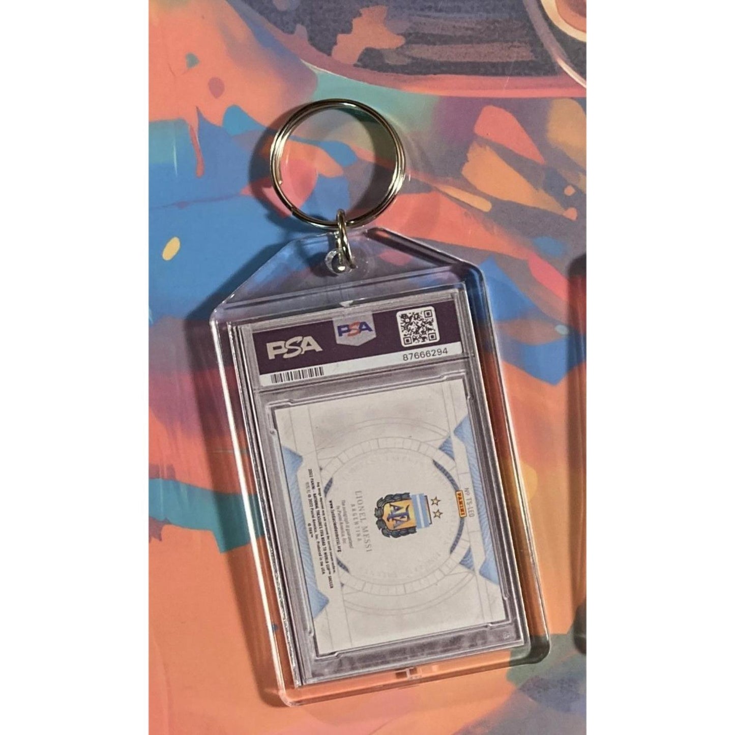 0157 Lionel Messi 2022 Panini Nat Treas Qatar Sapphire Auto Novelty Keychain