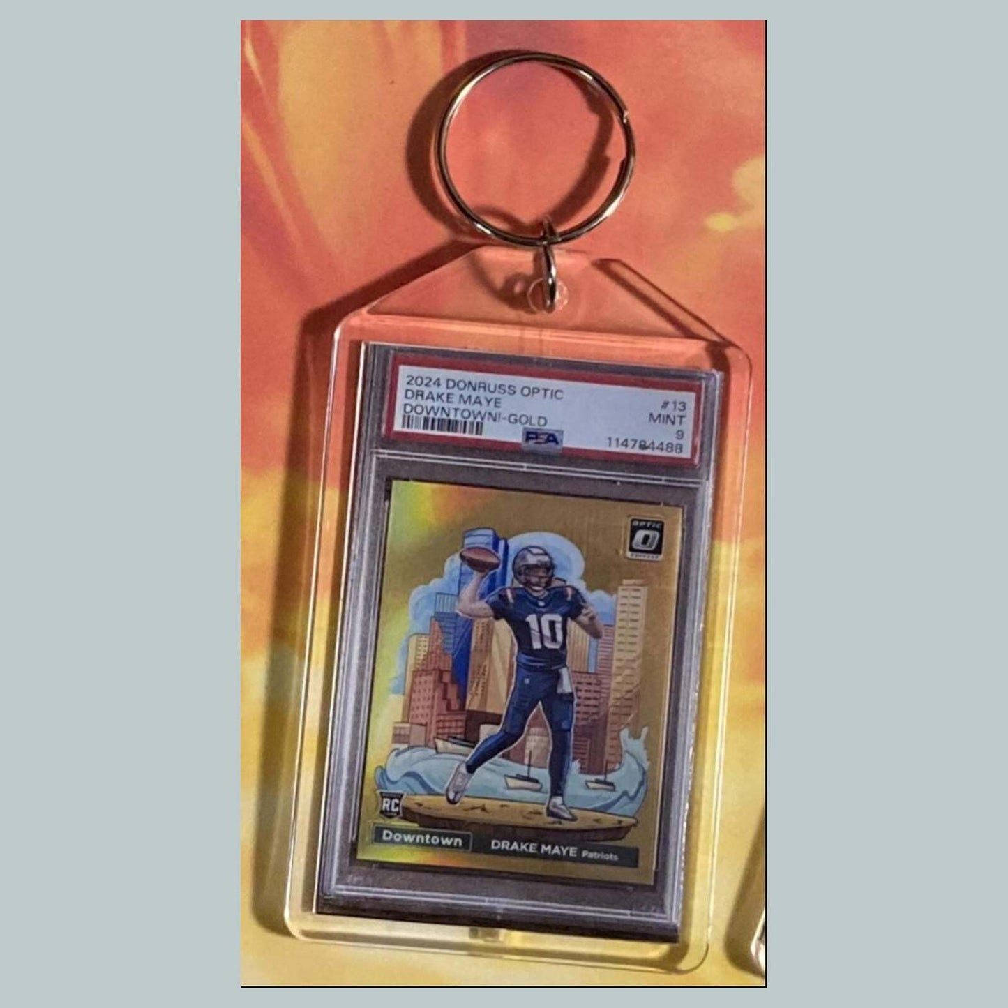 3715 Drake Maye 2024 Donruss Optic Gold Downtown Custom Hand Made Keychain FBL