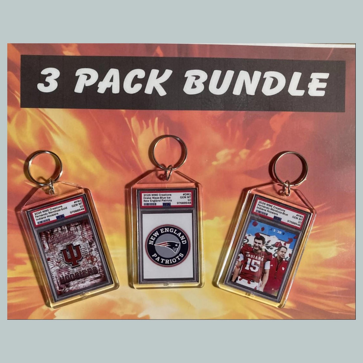0789B Fernando Mendoza, Drake Maye 3 Pack Bundle Custom Hand Made Keychains