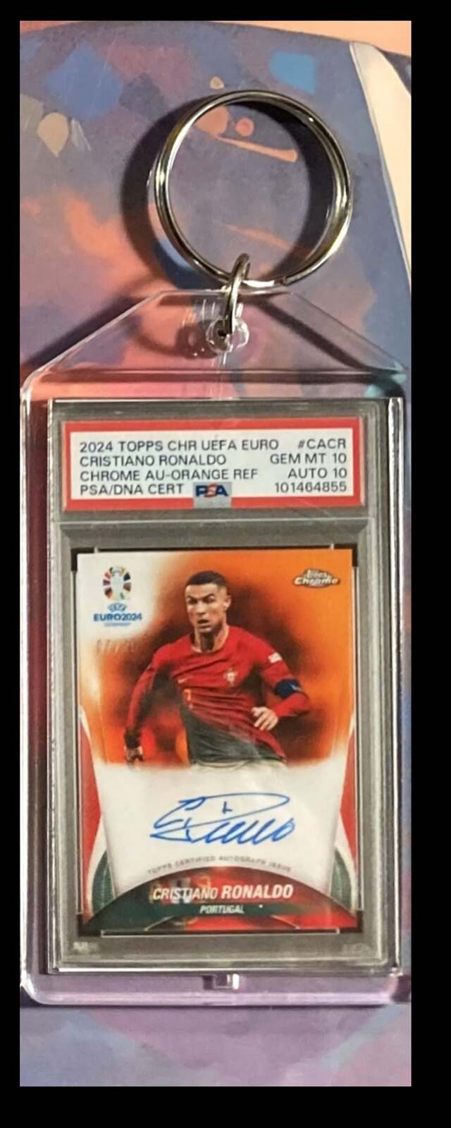 3093 Cristiano Ronaldo 2024 Topps CHR UEFA EURO Orange Chrome Auto Keychain KYC MSC