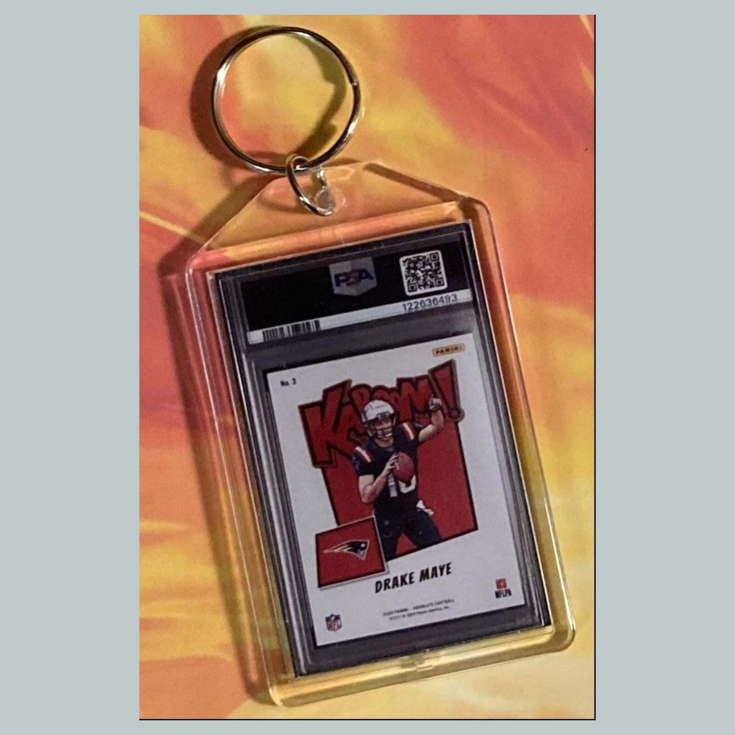 3709 Drake Maye 2024 Panini Absolute Kaboom Custom Hand Made Keychain FBL