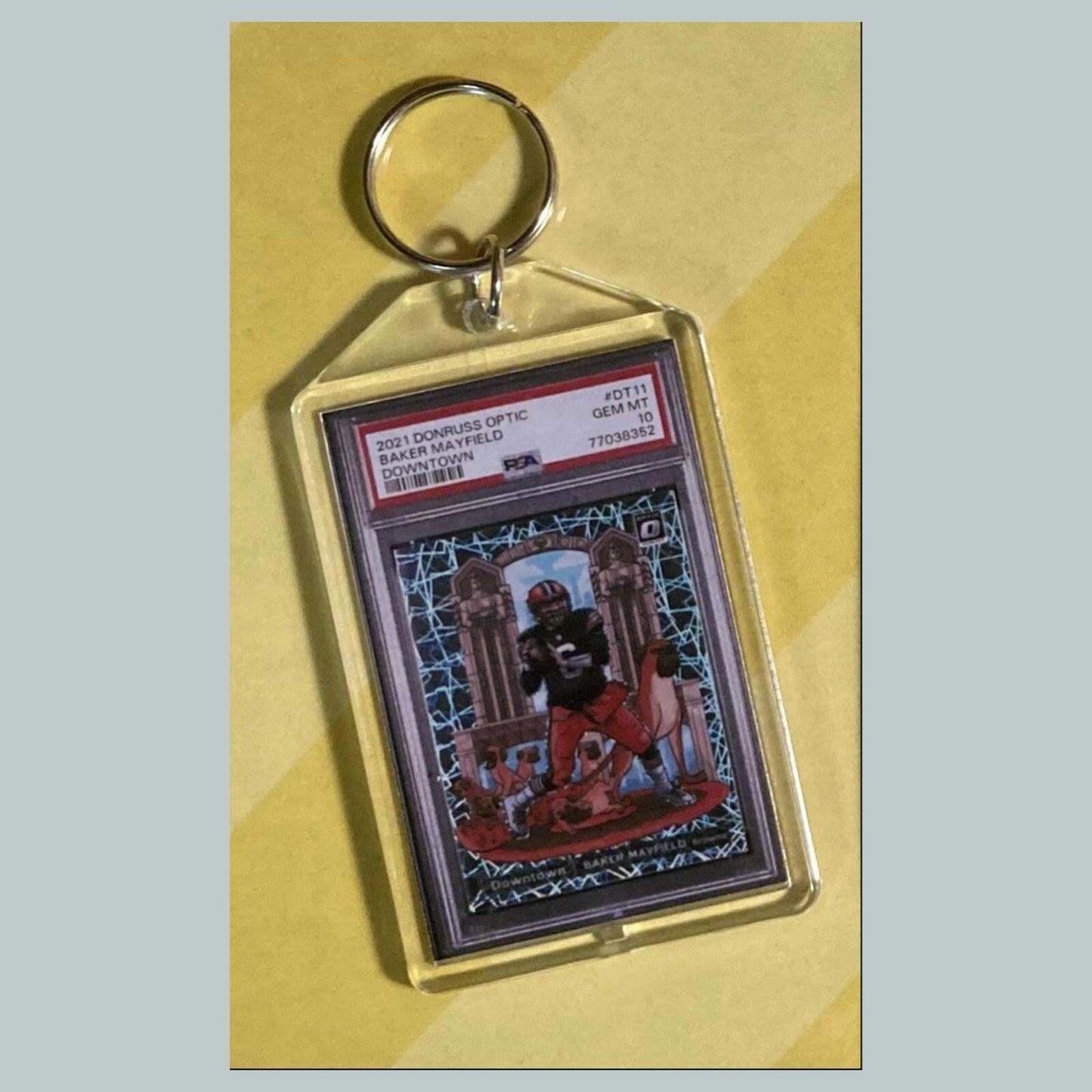 3781 Baker Mayfield 2021 Panini Donruss Optic Downtown Custom Hand Made Keychain FBL