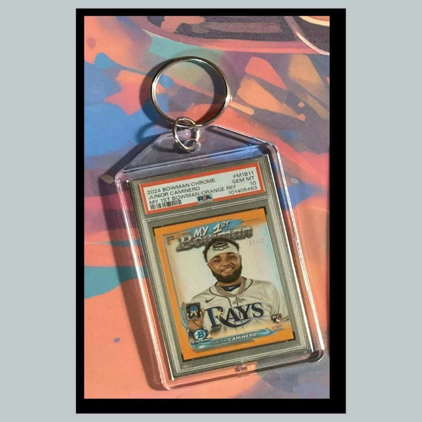 3428 Junior Caminero 2024 Chrome My 1st Card Orange Custom Keychain- Great Gift BBL KYC