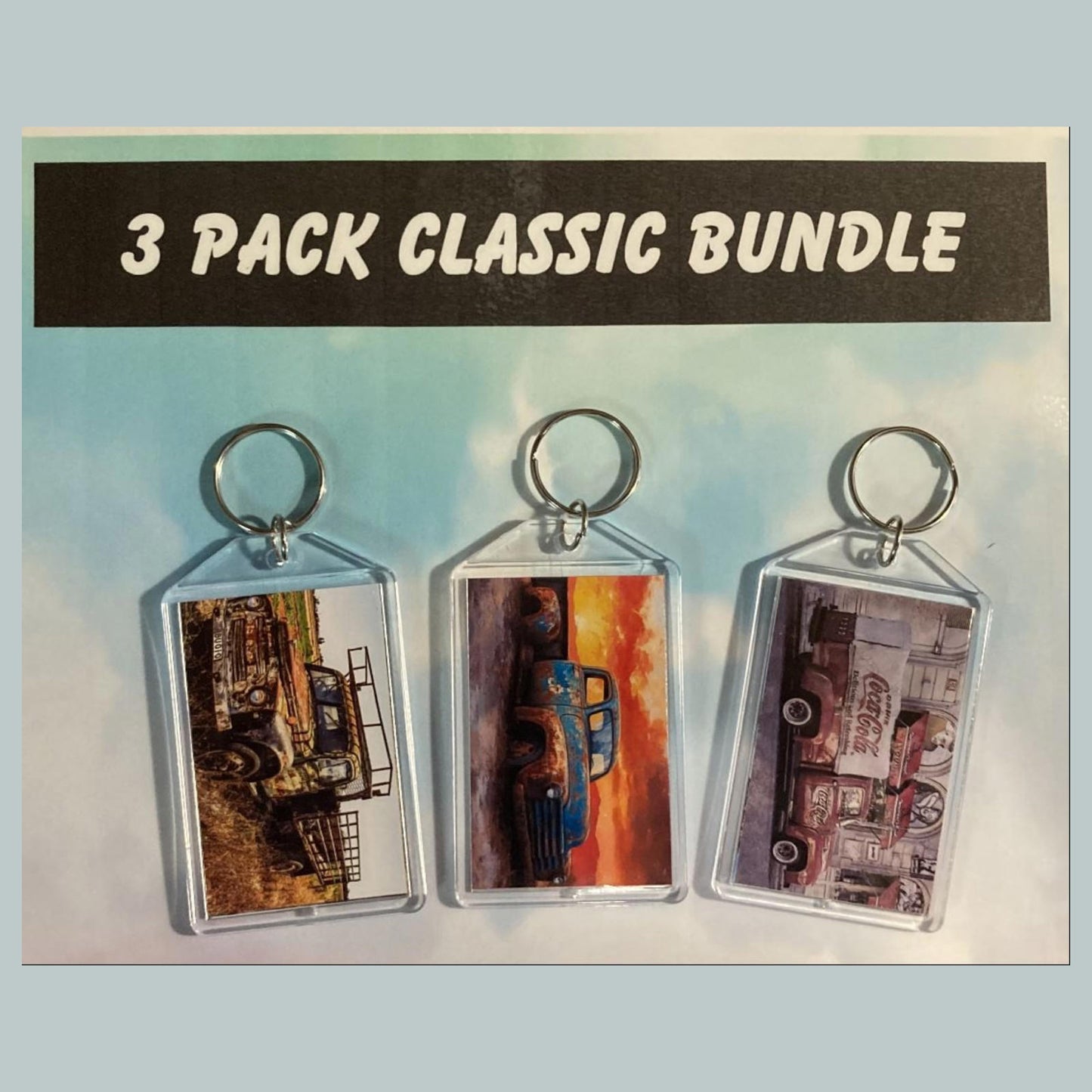 0619B Threefer Bundle Old Rusty Classics Acrylic Keychain | Vintage Automobile Photo Keychain | Retro Vehicle Gift | Double-Sided