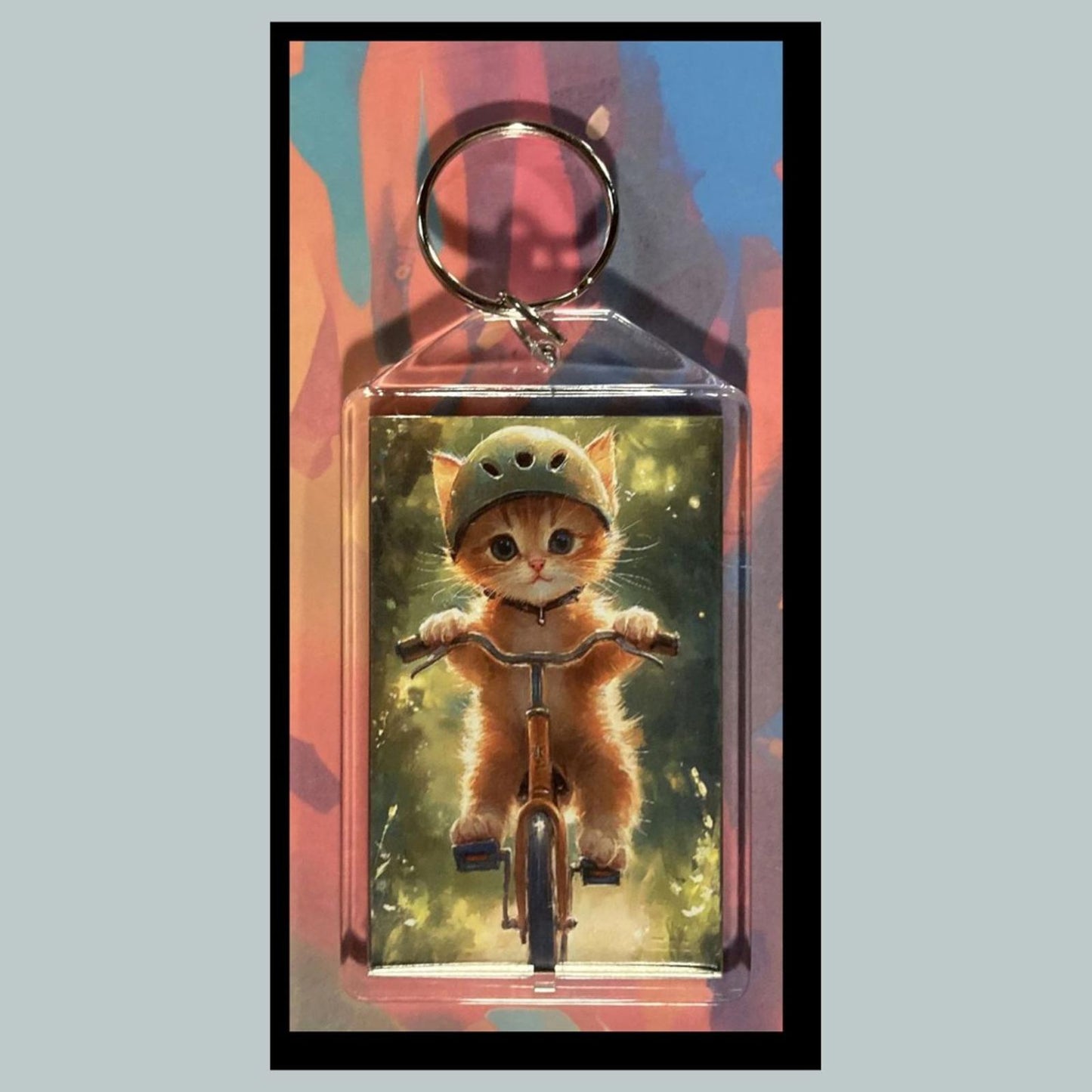 0334 Kitty Riding Bike -Custom Hand Made Keychain - Makes A Great Gift