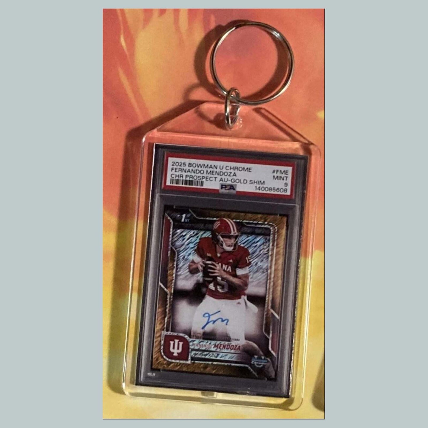 3726 Fernando Mendoza 2025 BowmanU Chrome Gold Shimmer Auto Custom Made Keychain FBL