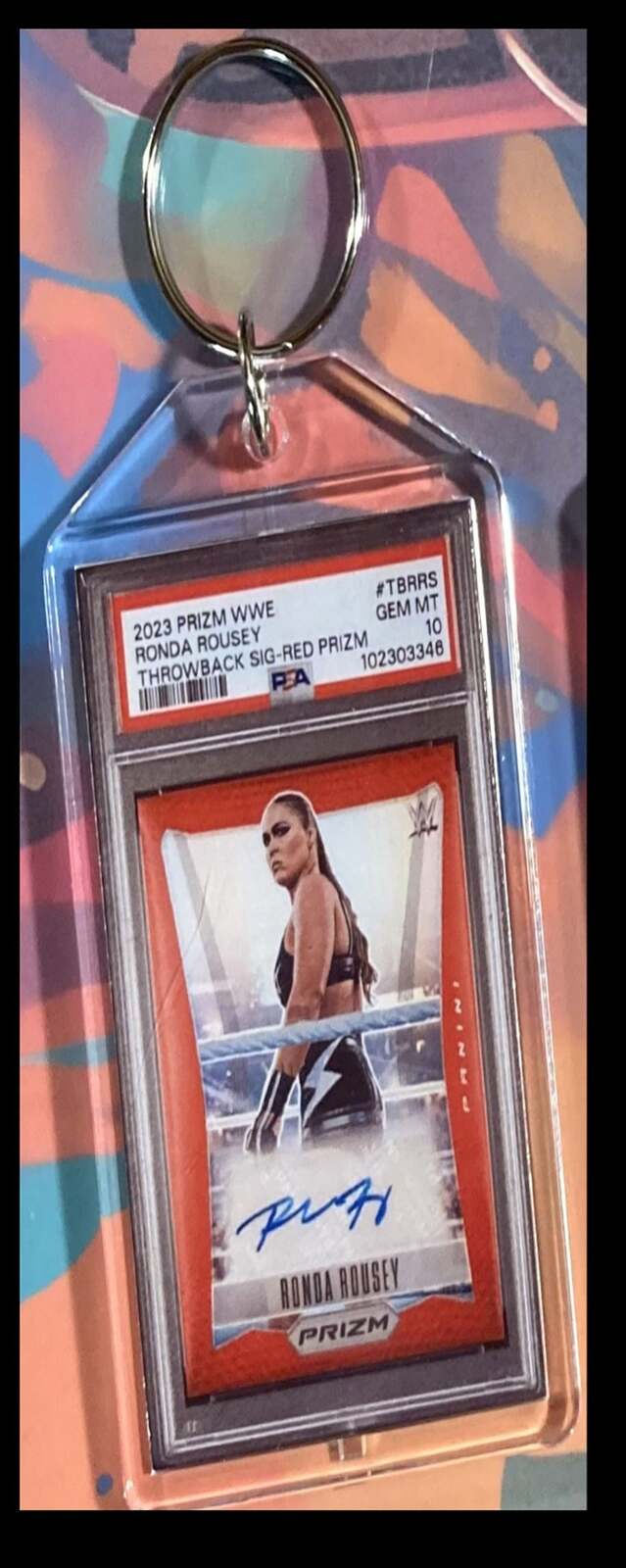 3121 Ronda Rousey 2023 Panini Red Prizm Throwback Auto Keychain KYC MSC