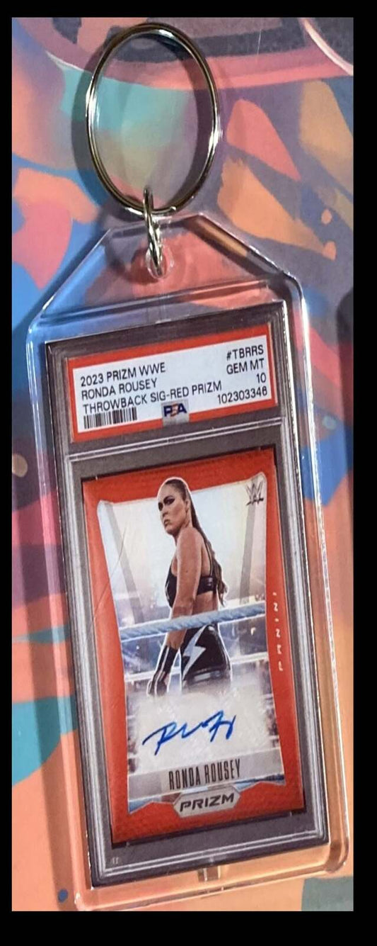 3121 Ronda Rousey 2023 Panini Red Prizm Throwback Auto Keychain KYC MSC