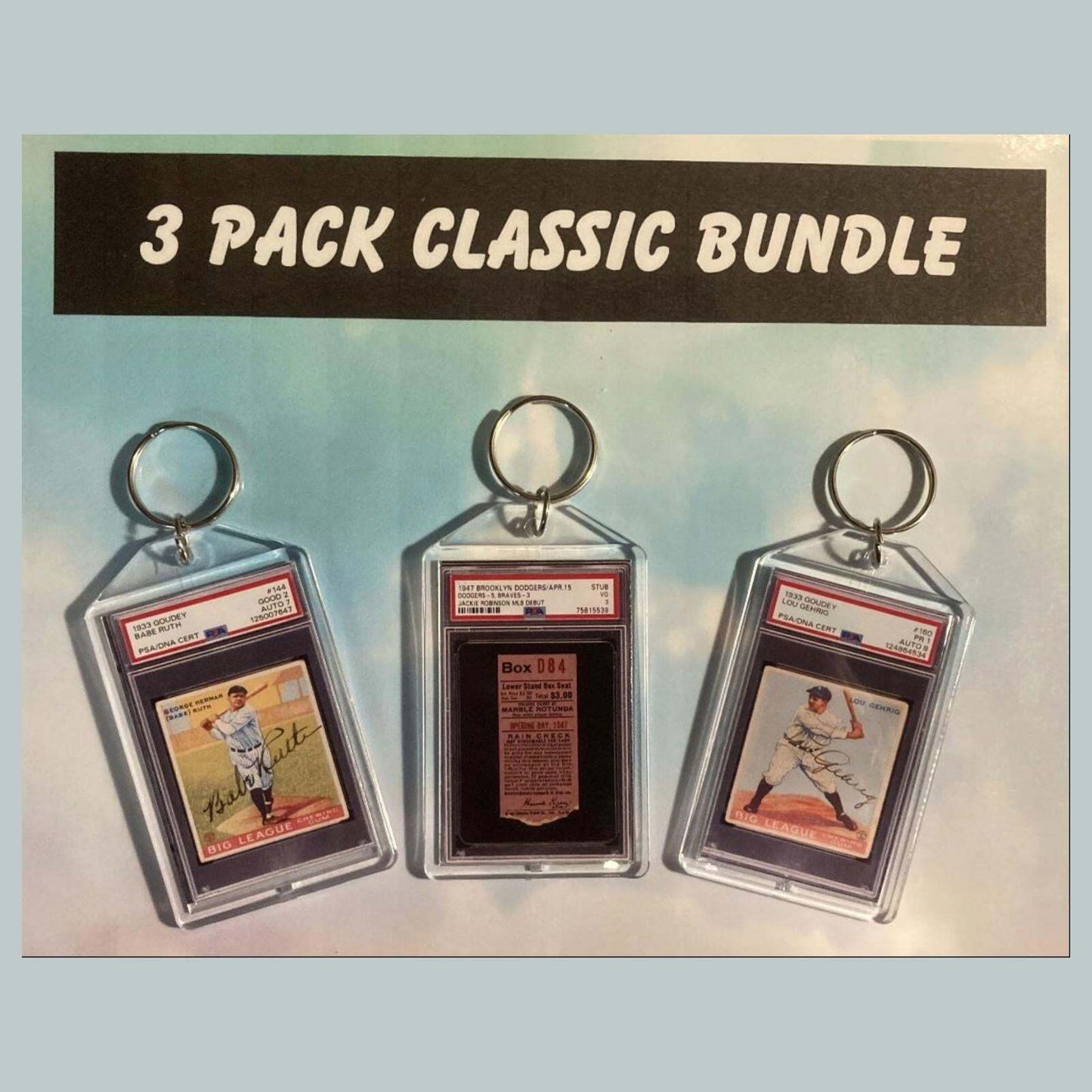 3632B Babe Ruth-Jackie Robinson-Lou Gehtig 3 Pack Custom Hand Made Keychains BBL KYC