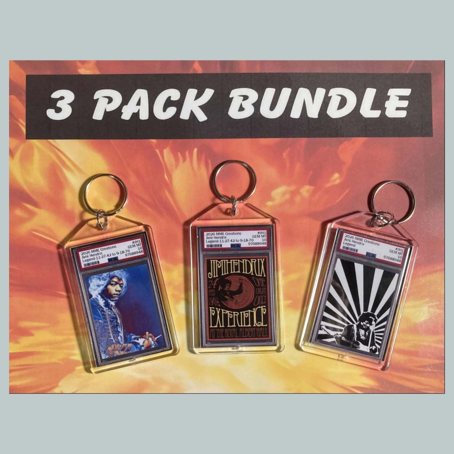 3747B Jimi Hendrix Custom Hand Made Novelty Keychains 3 Pack Bundle MSC KYC