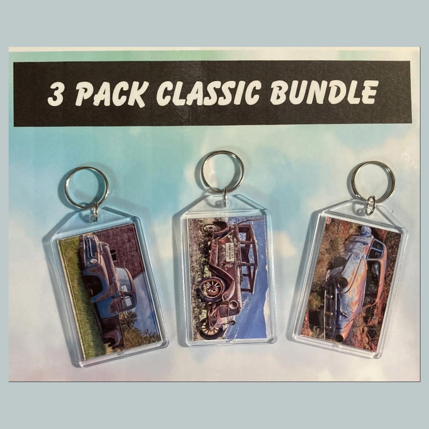 0620B Threefer Bundle Old Rusty Classics Acrylic Keychain | Vintage Automobile Photo Keychain | Retro Vehicle Gift | Double-Sided