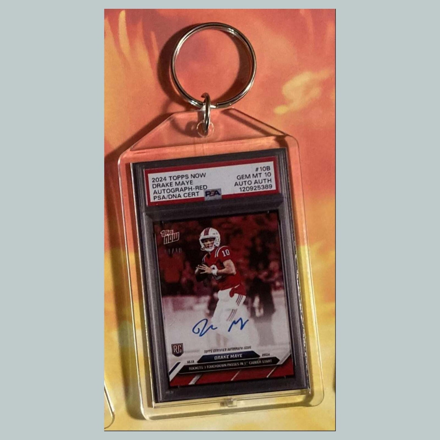 3717 Drake Maye 2024 Topps Now Auto Red Custom Hand Made Keychain FBL