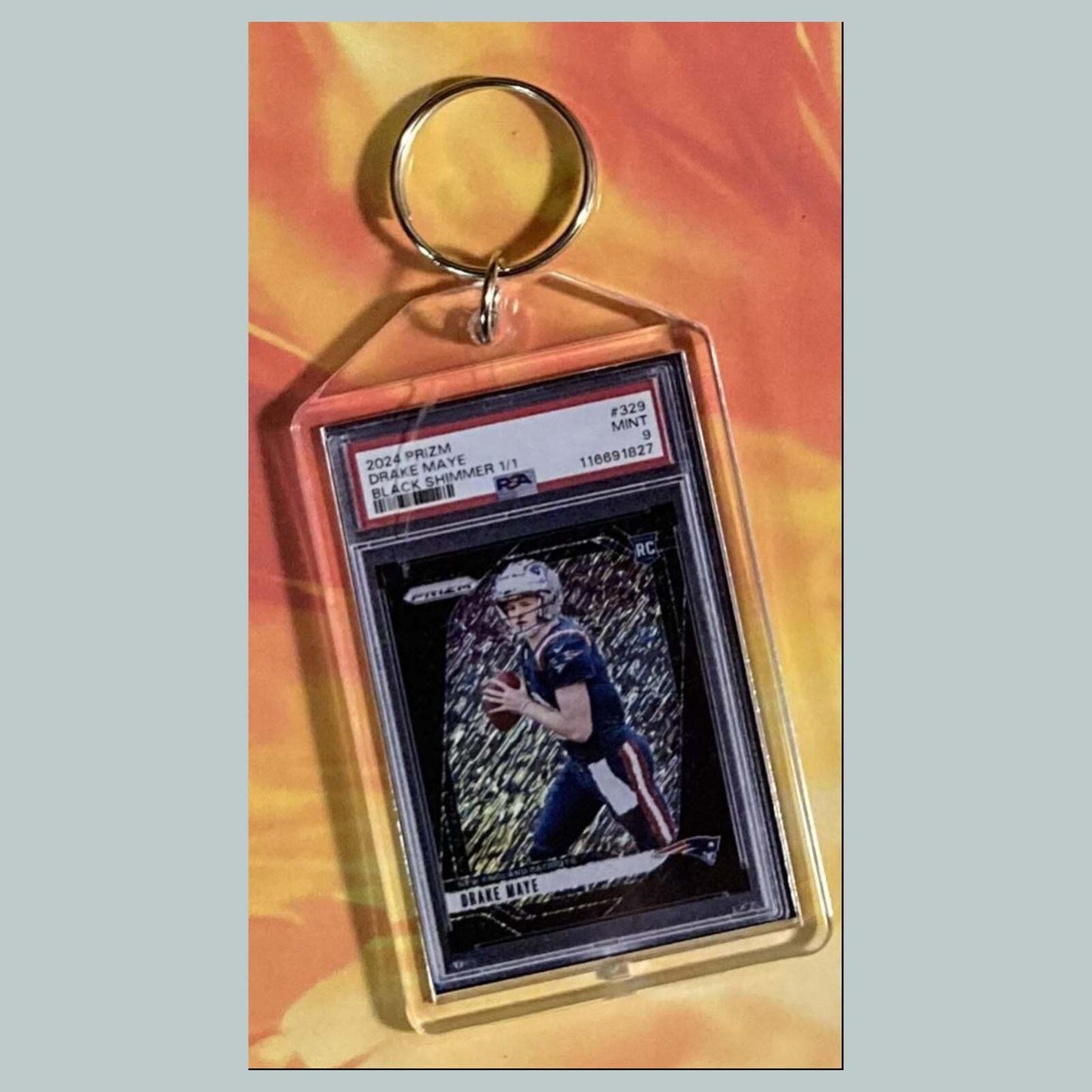3712 Drake Maye 2024 Panini Prizm Black Shimmer Custom Hand Made Keychain FBL