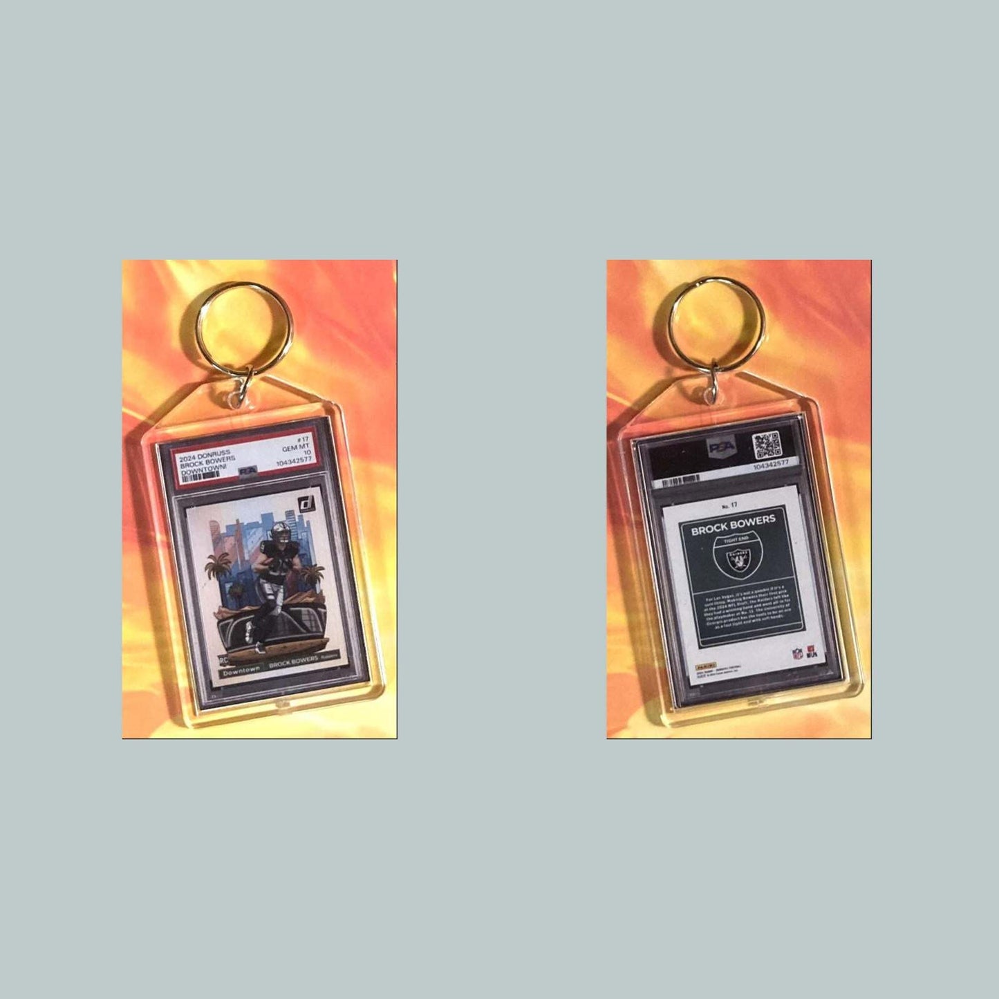 3695 Brock Bowers 2024 Panini Donruss Downtown Custom Hand Made Keychain FBL