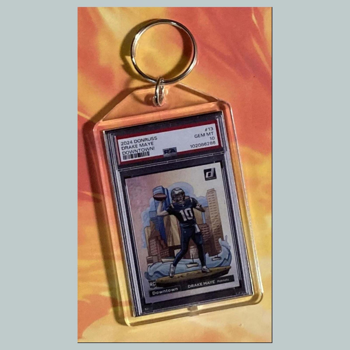 3716 Drake Maye 2024 Donruss Downtown Custom Hand Made Keychain FBL