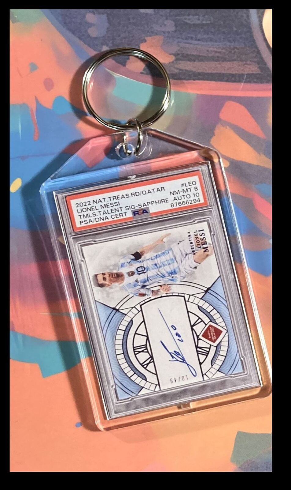 3114 Lionel Messi  2022 Panini Nat Treas Sapphire Auto Keychain Great Gift KYC MSC