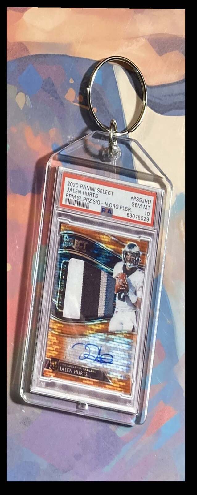 3109 Jalen Hurts 2020 Panini Select Prizm Pulsar Patch Auto Keychain FBL