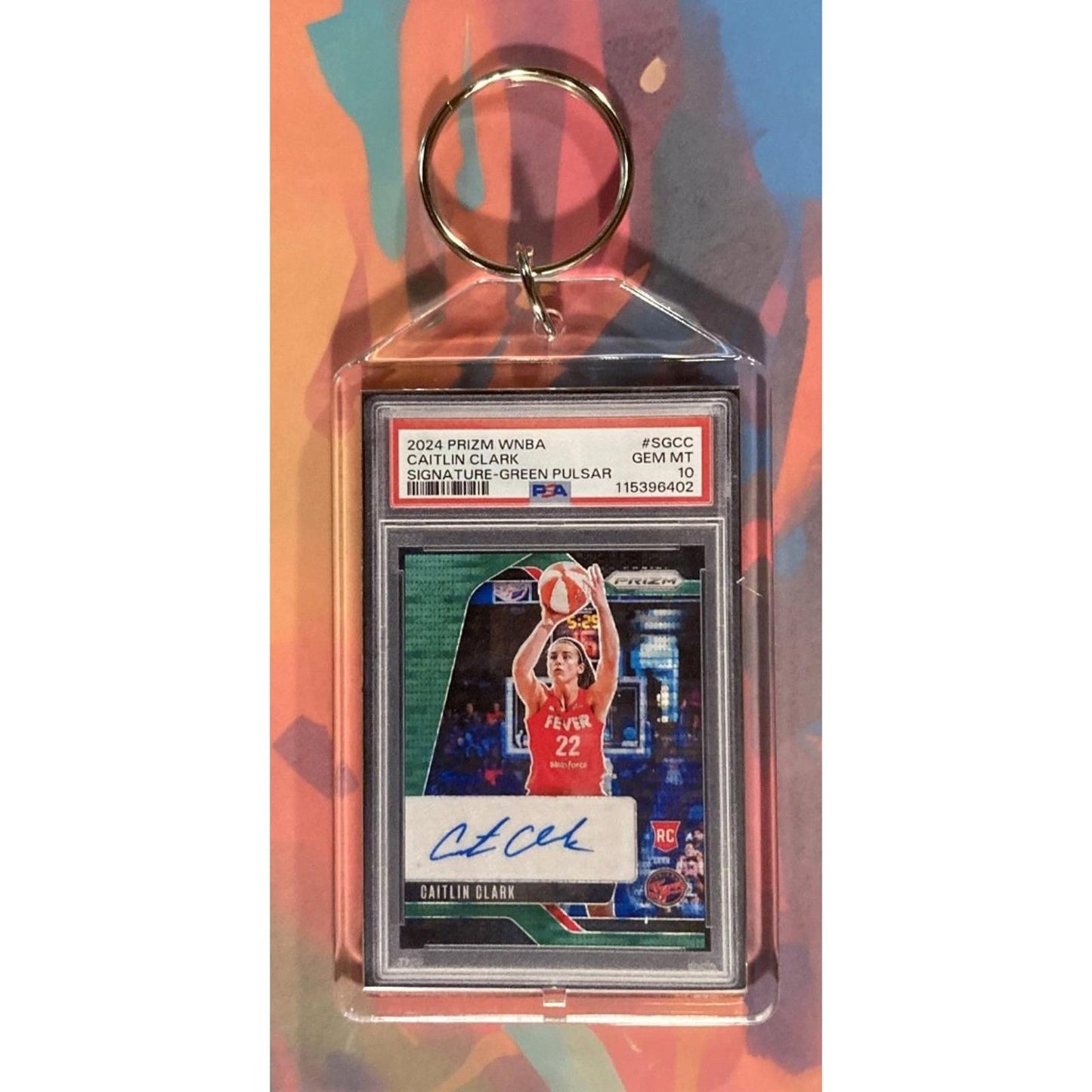 0016 Caitlin Clark 2024 Panini Prizm Green Pulsar Auto Keychain