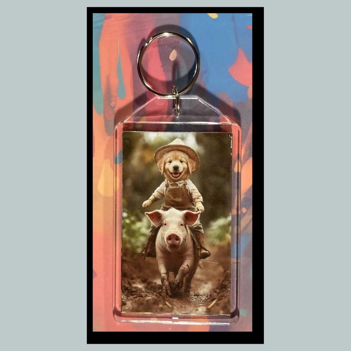 0352 Puppy Riding a Pig Custom Hand Made Keychain - Makes A Great Gift