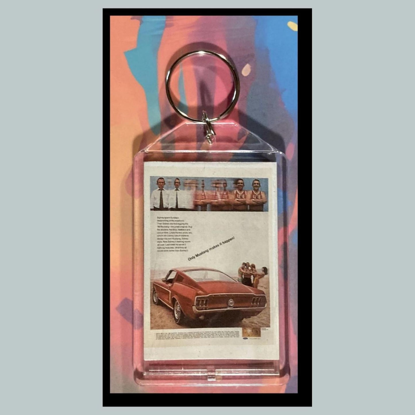 0376 Mustang Ad From The 60s Custom Hand Made Keychain - Makes A Great Gift Card