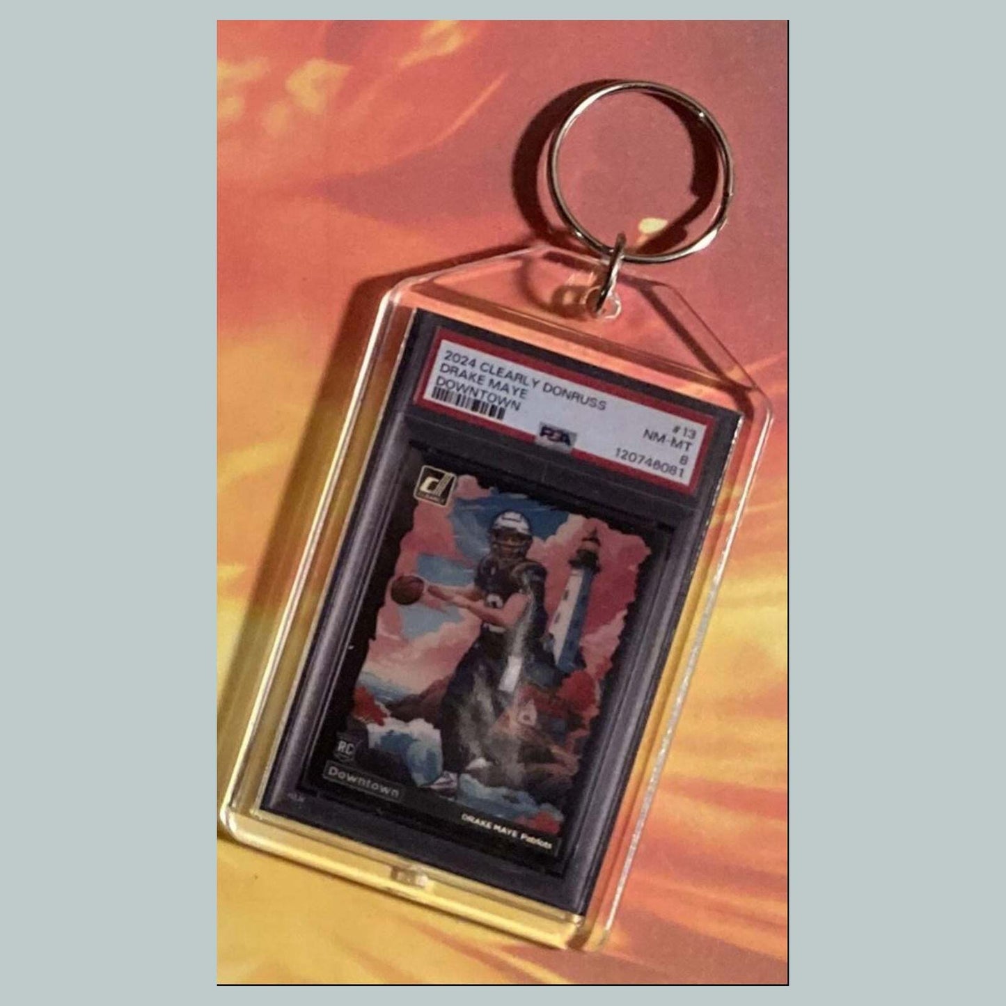 3710 Drake Maye 2024 Clearly Donruss Downtown Custom Hand Made Keychain FBL