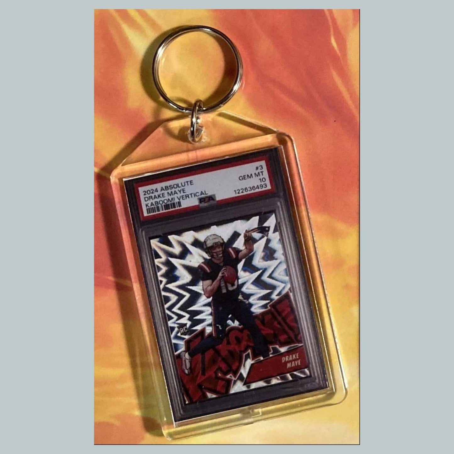 3709 Drake Maye 2024 Panini Absolute Kaboom Custom Hand Made Keychain FBL