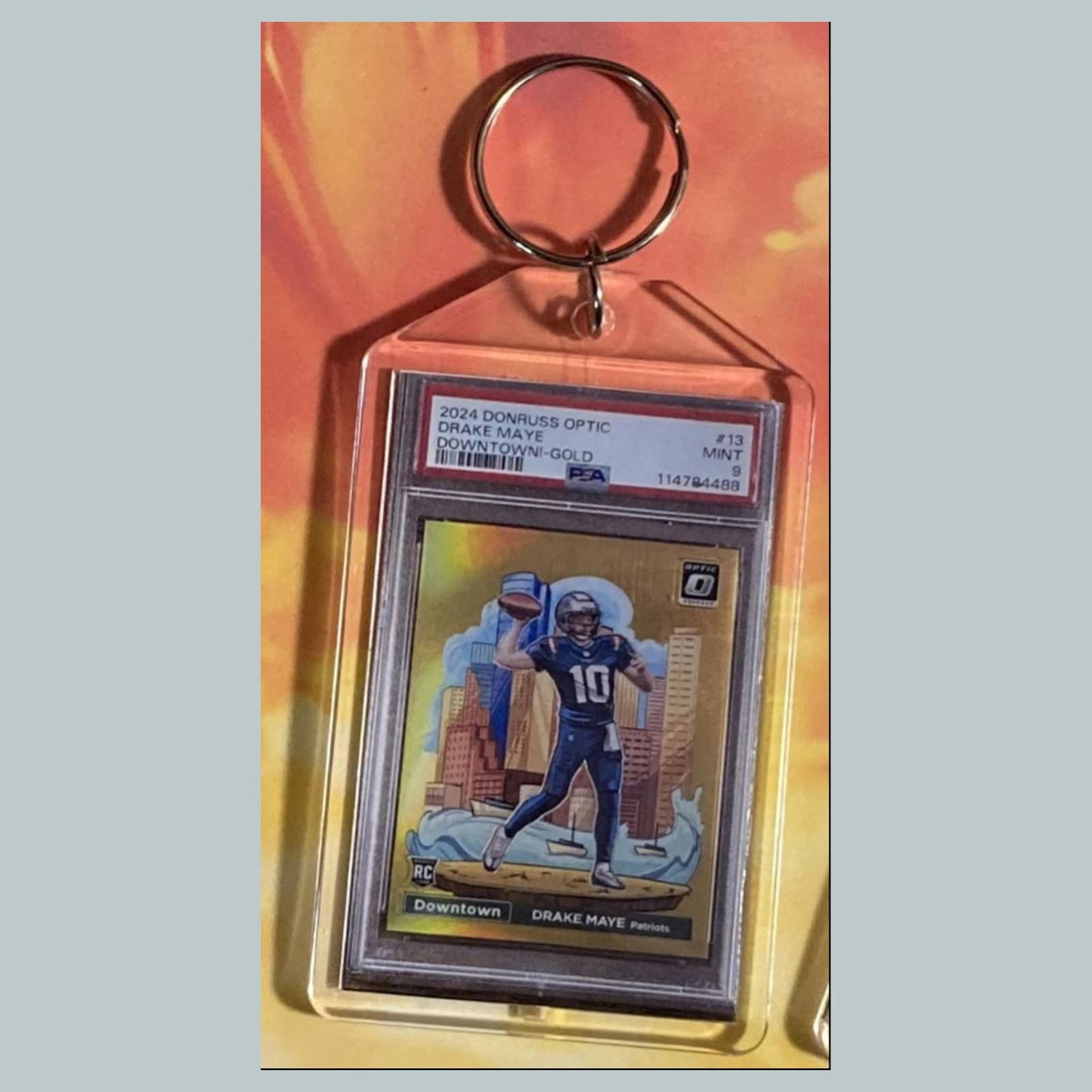 0758 Drake Maye 2024 Donruss Optic Gold Downtown Custom Hand Made Keychain
