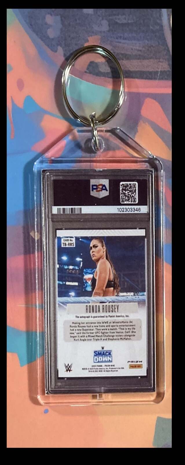 3121 Ronda Rousey 2023 Panini Red Prizm Throwback Auto Keychain KYC MSC