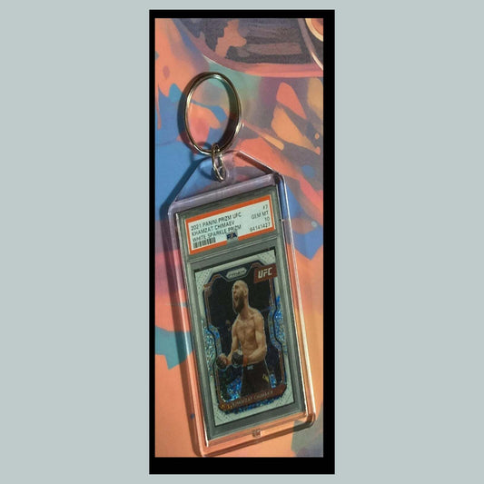 3446 Khamzat Chimaev 2021 Panini Prizm White Sparkle Custom Hand Made Keychain KYC MSC
