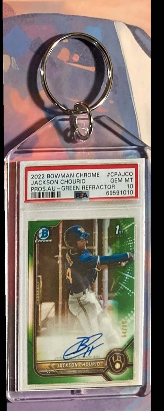 3083 Jackson Chourio 2022 Bowman Chrome Green Auto - Custom Keychain - Gift BBL KYC