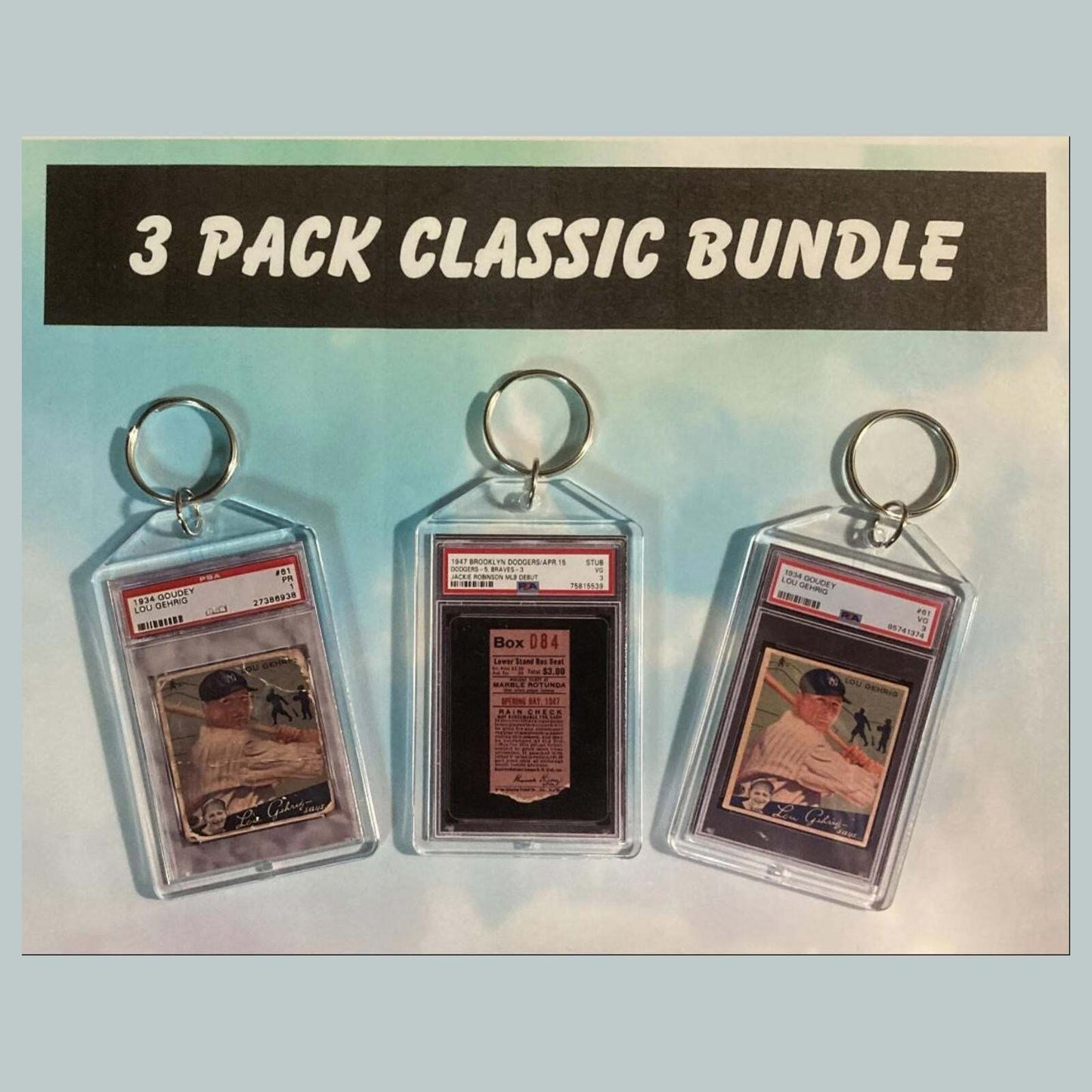 3627B Lou Gehrig-Jackie Robinson-Gehrig 3 Pack Bundle Custom Hand Made Keychains BBL KYC