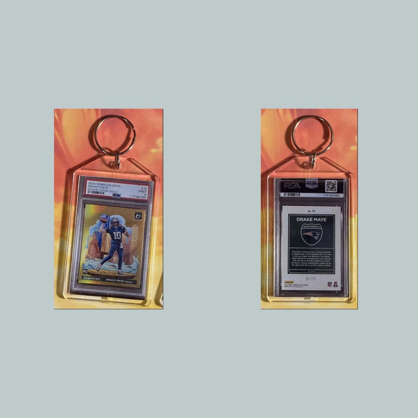 3715 Drake Maye 2024 Donruss Optic Gold Downtown Custom Hand Made Keychain FBL