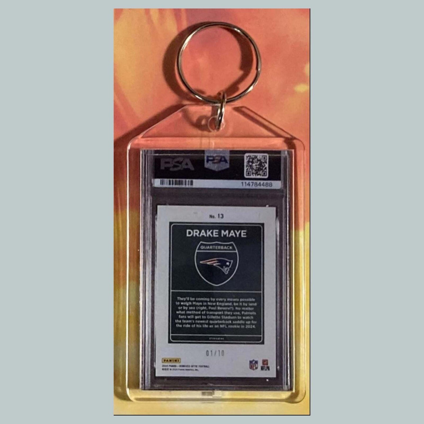 3715 Drake Maye 2024 Donruss Optic Gold Downtown Custom Hand Made Keychain FBL