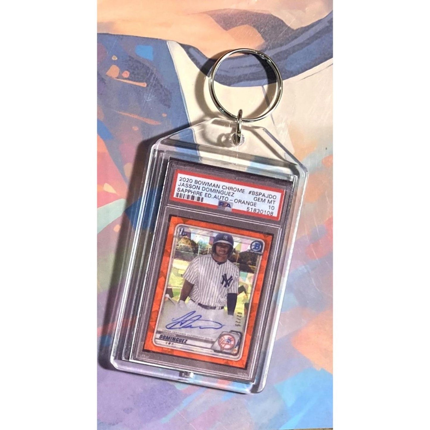 0156 Jasson Dominguez 2020 Bowman Chrome Sapphire Orange Auto Keychain