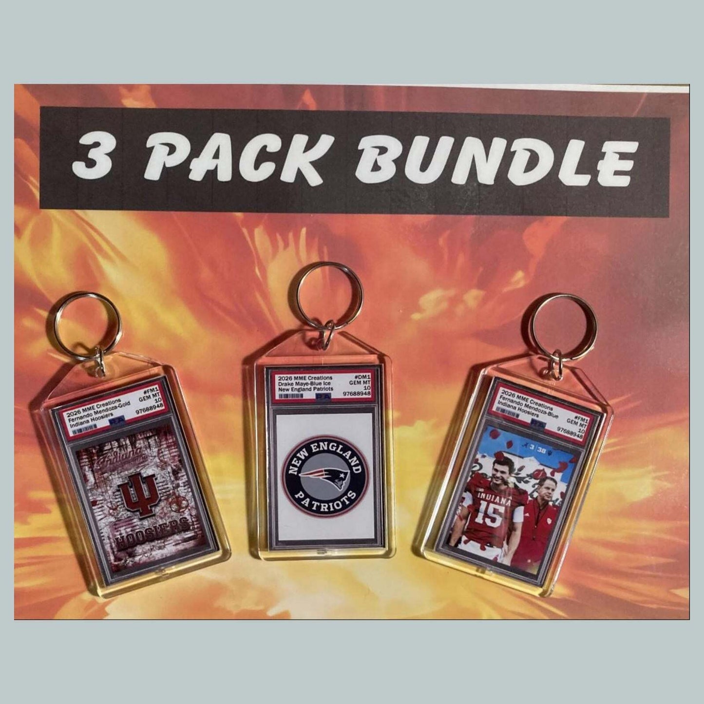 3746B Fernando Mendoza, Drake Maye 3 Pack Bundle Custom Hand Made Keychains FBL