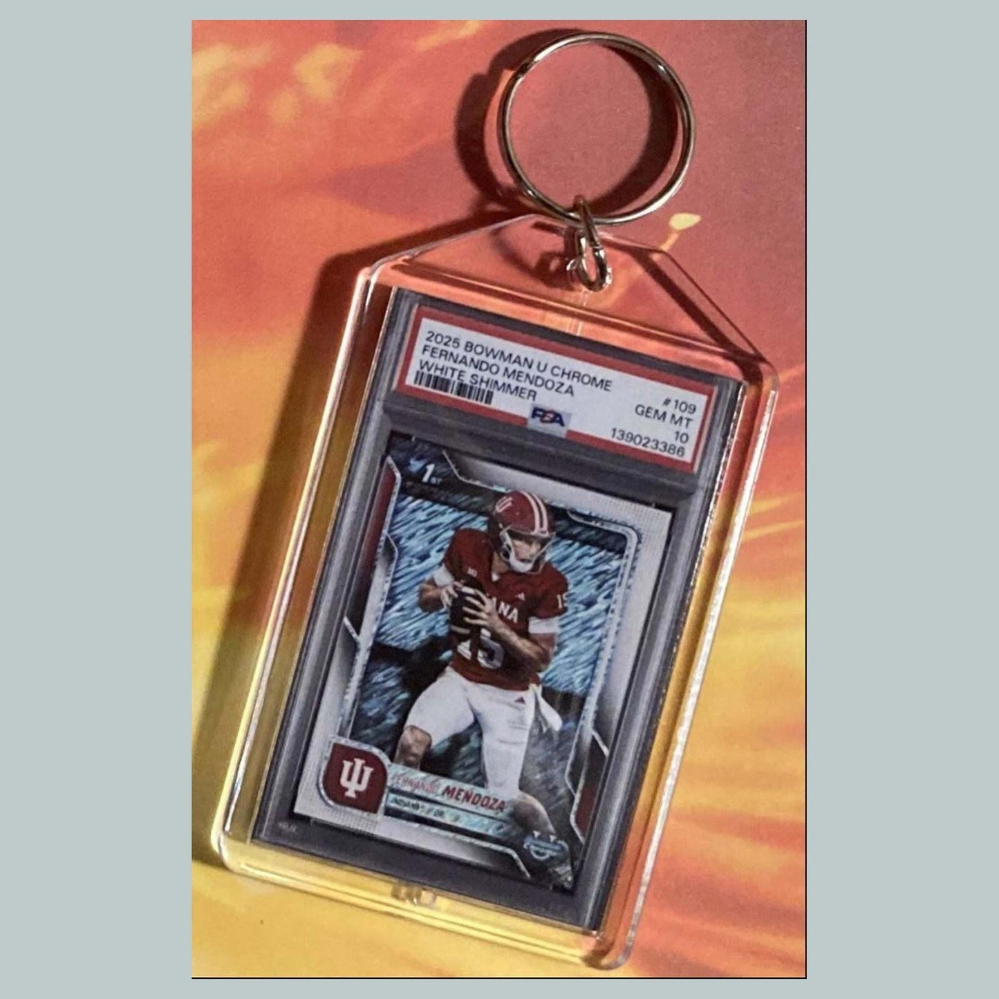 3731 Fernando Mendoza 2025 Bowman U White Shimmer Custom Hand Made Keychain FBL