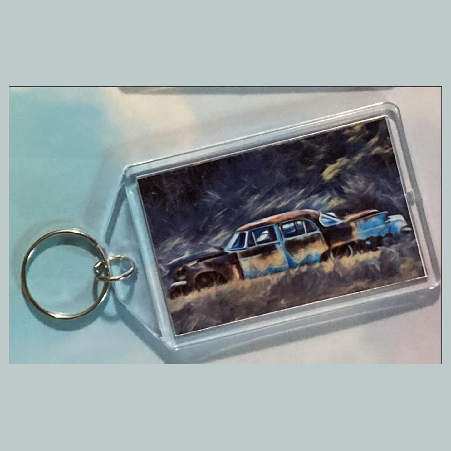 0623 1957 Chevy in Graveyard Acrylic Keychain | Vintage Automobile Photo Keychain | Retro Vehicle Gift | Double-Sided