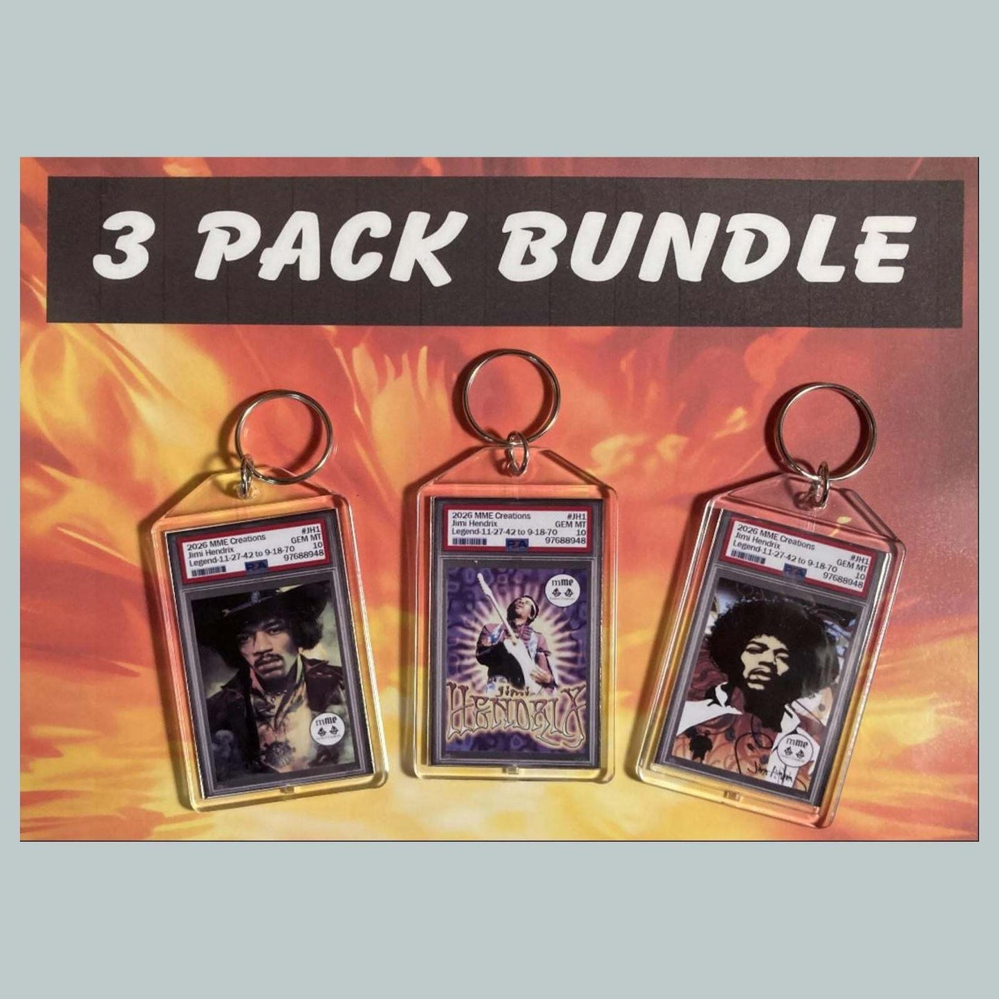 3747B Jimi Hendrix Custom Hand Made Novelty Keychains 3 Pack Bundle MSC KYC