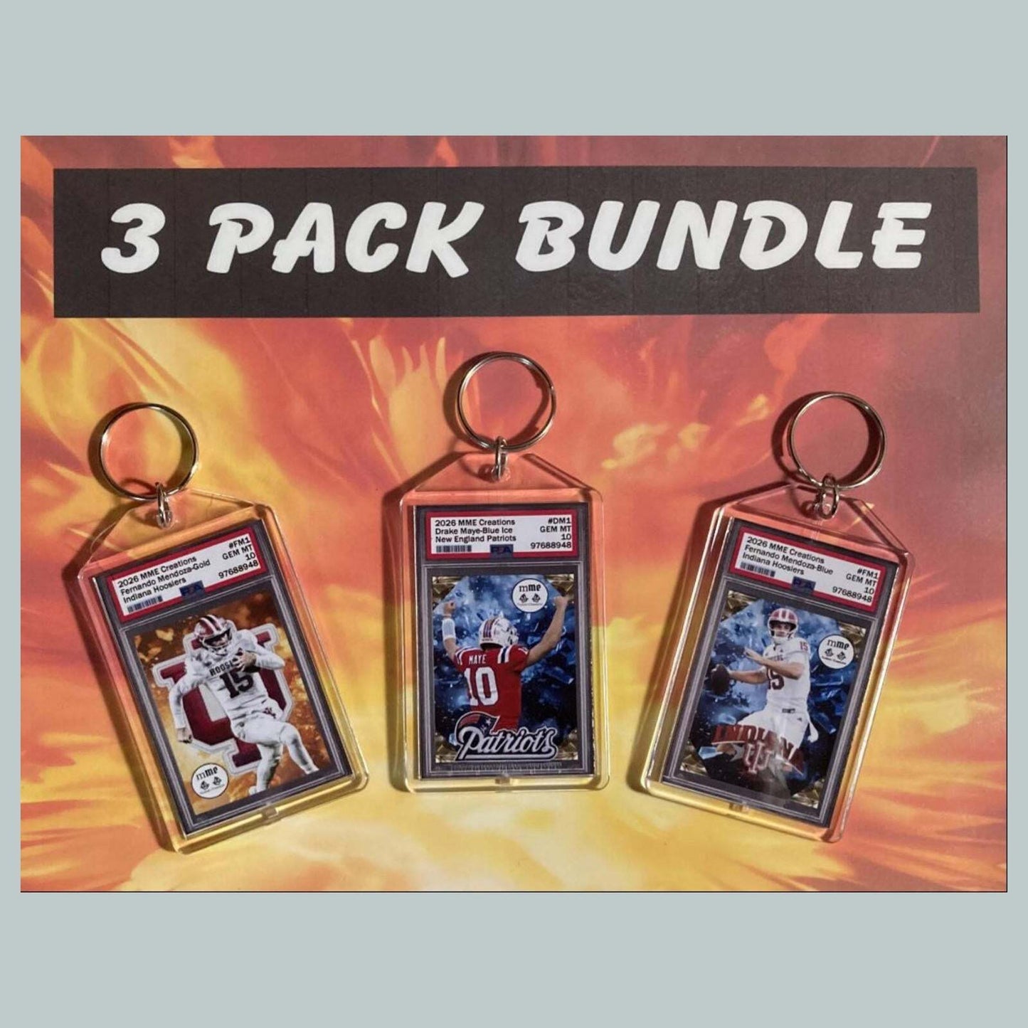 3746B Fernando Mendoza, Drake Maye 3 Pack Bundle Custom Hand Made Keychains FBL