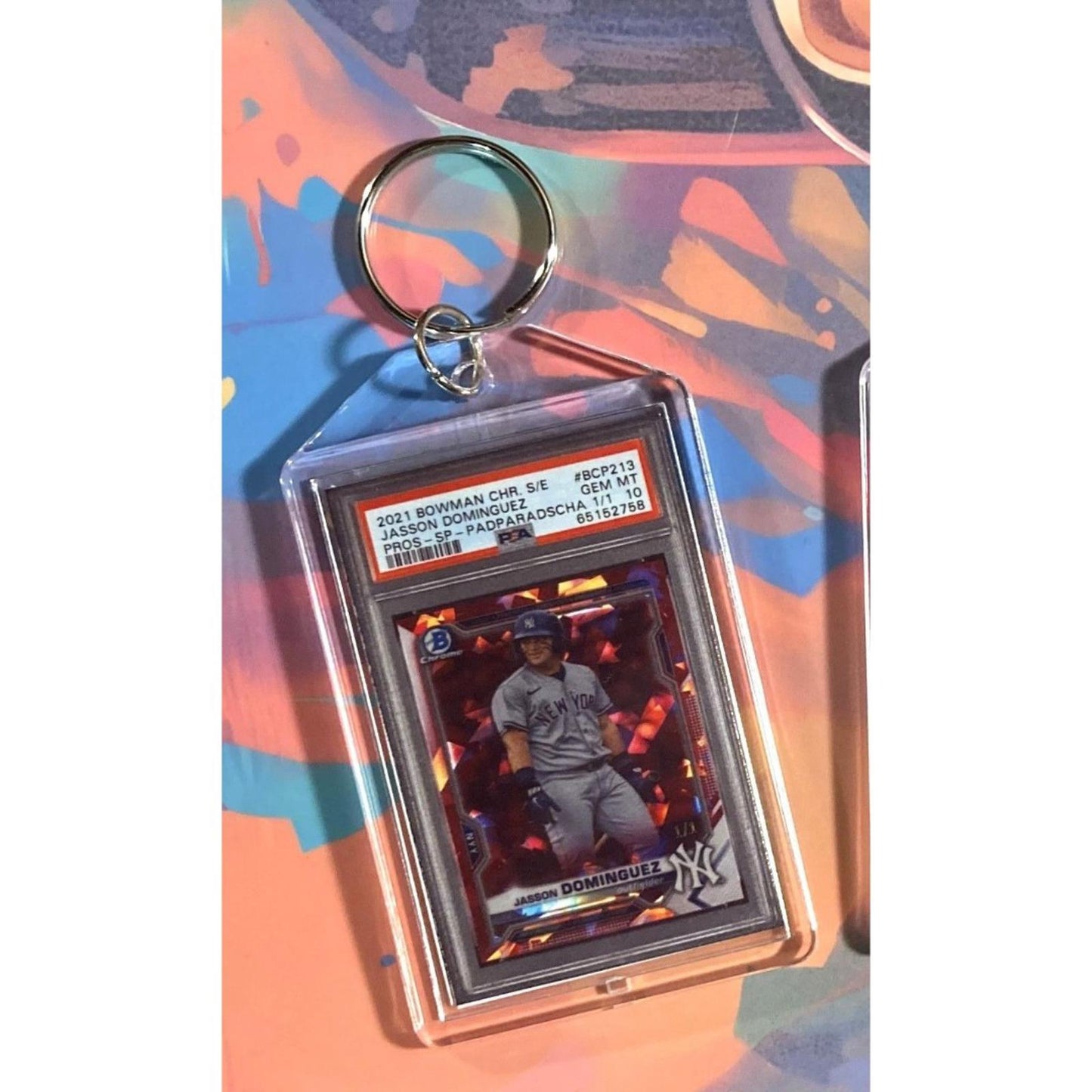 0158 Jasson Dominguz 2021 Bowman Prospect Chrome Padparadscha Novelty Keychain